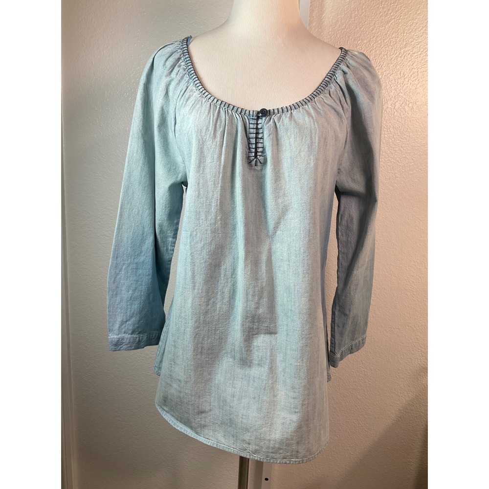 Lucky Brand  Blue‎ Chambray Scoop Neck 3/4 Sleeve Pullover Shirt Size M